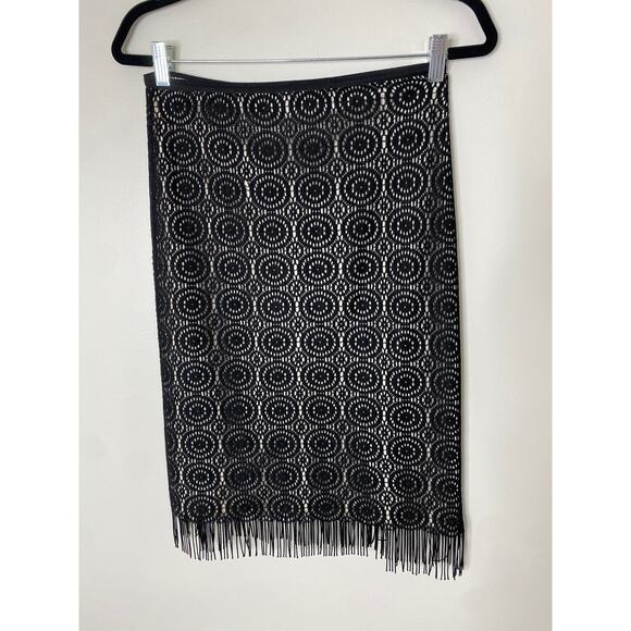 Vintage 90s Bebe Black Lace Fringe Midi Knee Length Stretchy Skirt Small Y2K - Picture 7 of 7